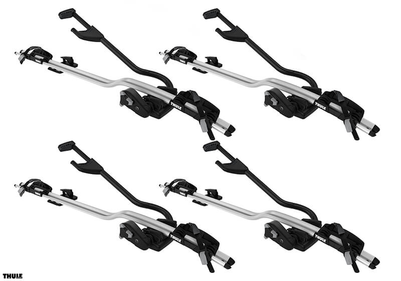 :4 x Thule ProRide 598 silver bike carriers with locking roof bars