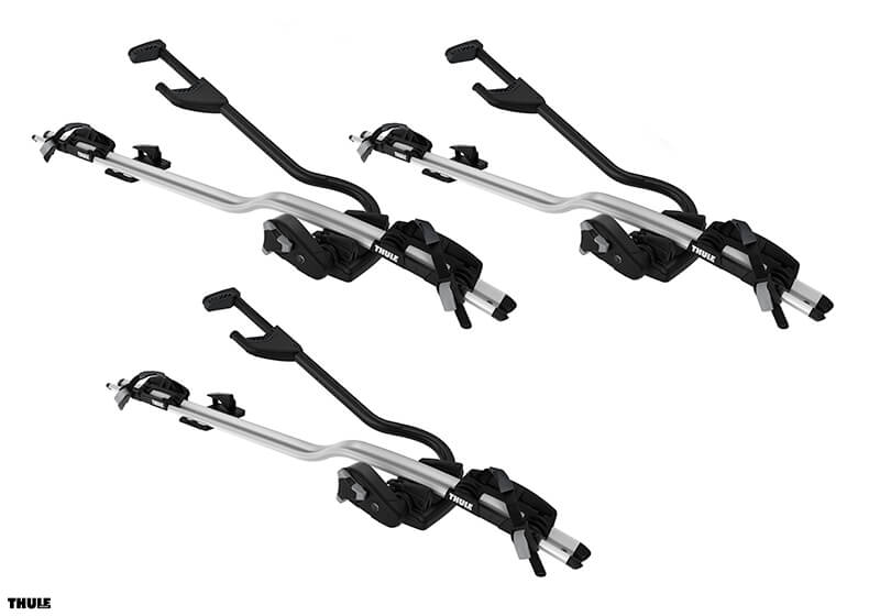 3 x Thule ProRide 598 silver bike carriers with locking roof bars
