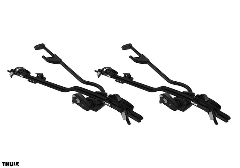 2 x Thule ProRide 598 black bike carriers with locking roof bars